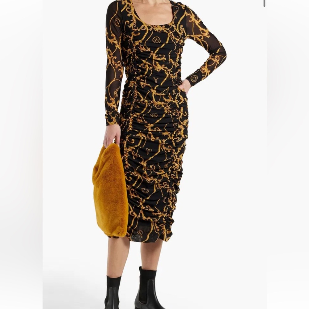 GANNI Ruched Baroque Print Stretch Mesh Midi Dress